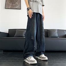 小众vibe牛仔裤男高级感宽松阔腿破洞坠感长裤9031P48，男装牛仔裤，星座410-2