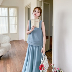 小香风蓝色背心半身裙套装女夏2025新款减龄爆款流行清纯系两件套，女装套装/套裙，红龙果