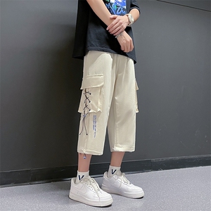 夏季新款潮流宽松工装短裤男抽绳休闲裤学生直筒七分裤子图片