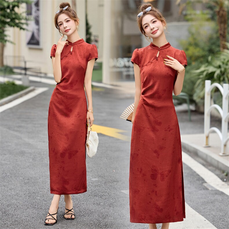 红色提花改良旗袍连衣裙女夏2025新款喜婆婆婚宴气质修身高端裙子,女装连衣裙,依如秀(原杭风阁)