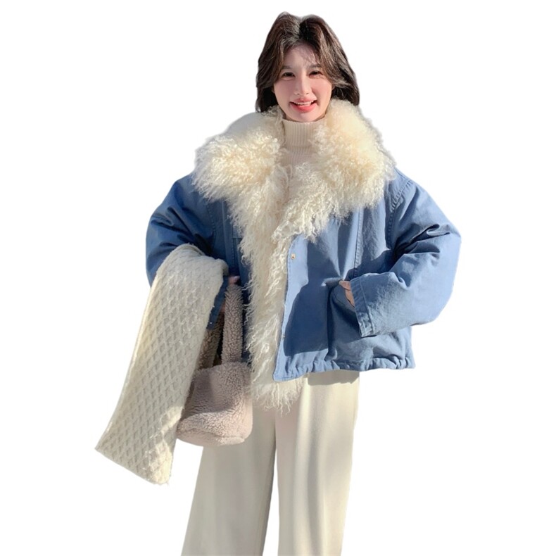 蓝色大毛领派克羽绒服女2025冬季新款设计感清新小个子加厚外套,女装羽绒服,艾米莉亚
