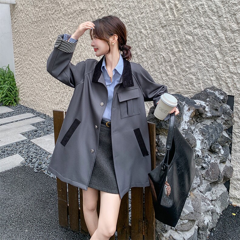 格子拼接灰色风衣外套女春季中长款小个子韩系高级感设计感流行，女装风衣，慧峰
