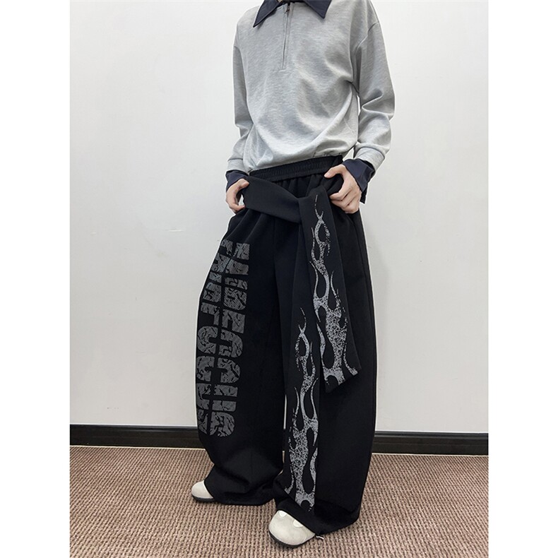 美式复古小众字母火焰飘带休闲卫裤街头休闲直筒阔腿裤K0856-P48,男装休闲裤,星座308B-2