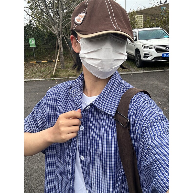 格子衬衫春夏美式短袖衬衫港风情侣装休闲衬衣CS286-P30,男装T恤,星座301C-5