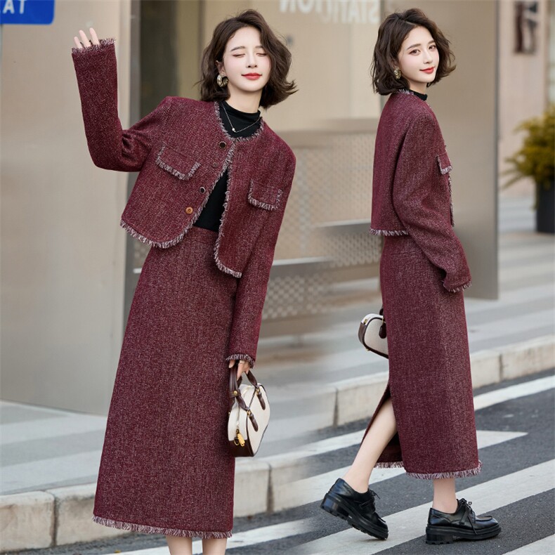 小香风套装女2025春秋新款高级感法式气质红色半身裙两件套职业装,女装套装/套裙,艾仟回(原伊仟回)