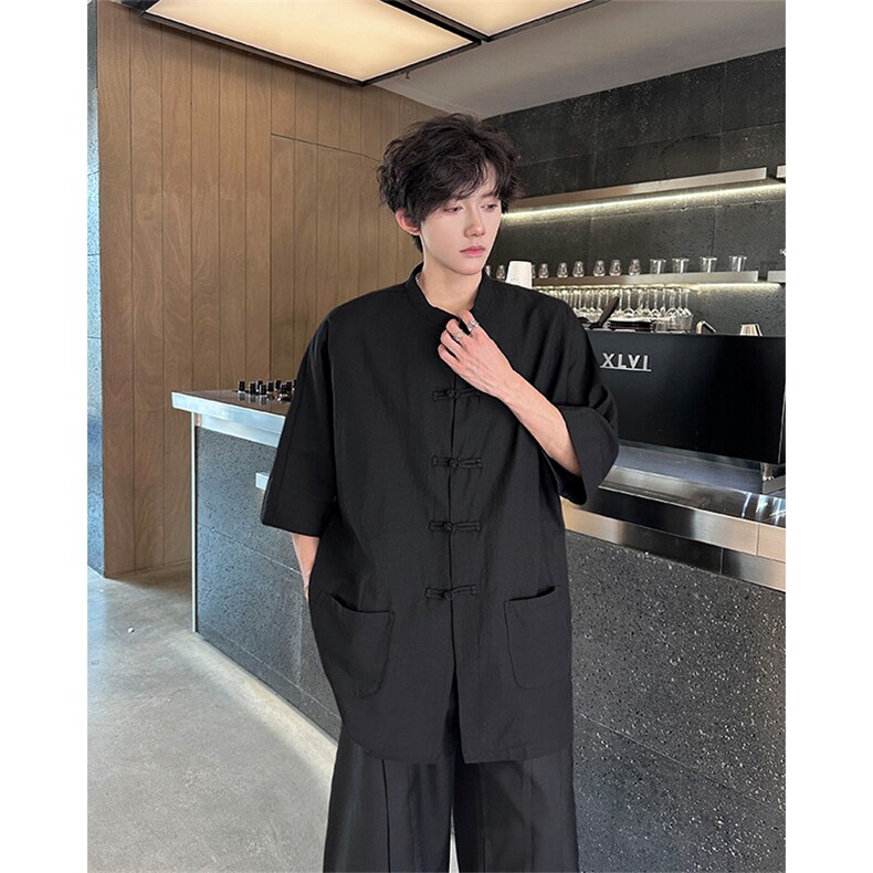 8XL-M 新中式衬衫男中山装麻棉风复古中袖衬衣唐装CS527P60图片
