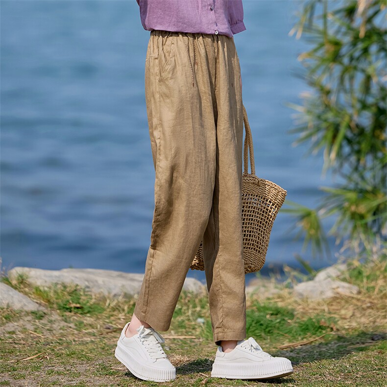 棉麻裤子女2025休闲透气长裤宽松薄款中年妈妈洋气减龄直筒女裤,女装休闲裤,涵誉