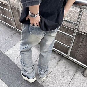 破洞牛仔裤男秋季新款宽松直筒阔腿裤美式高街潮牌百搭松紧腰裤子图片
