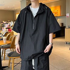 工装短袖套装男士夏休闲连帽速干防晒衣户外骑行运动服W6523-P50，男装休闲套装，星座412-2