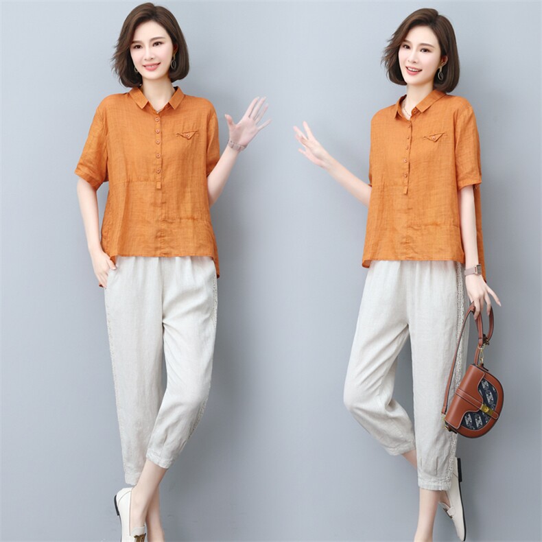 (新款)2025年纯苎麻棉两件套女三年不下架中老年妈妈装休闲五分裤，女装套装/套裙，璐依舞