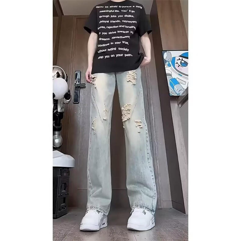 美式复古高街男女破洞设计感显瘦直筒微喇牛仔裤S766P39,男装牛仔裤,星座1112-1