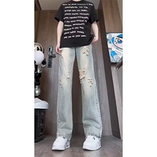 美式复古高街男女破洞设计感显瘦直筒微喇牛仔裤S766P39，男装牛仔裤，星座1112-1