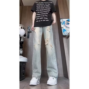 美式复古高街男女破洞设计感显瘦直筒微喇牛仔裤S766 P39图片