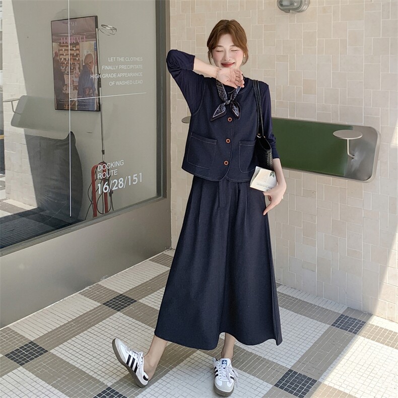 藏青色小香风马甲套装裙女2025秋季新款高级感打底衫半身裙三件套,女装套装/套裙,2C129