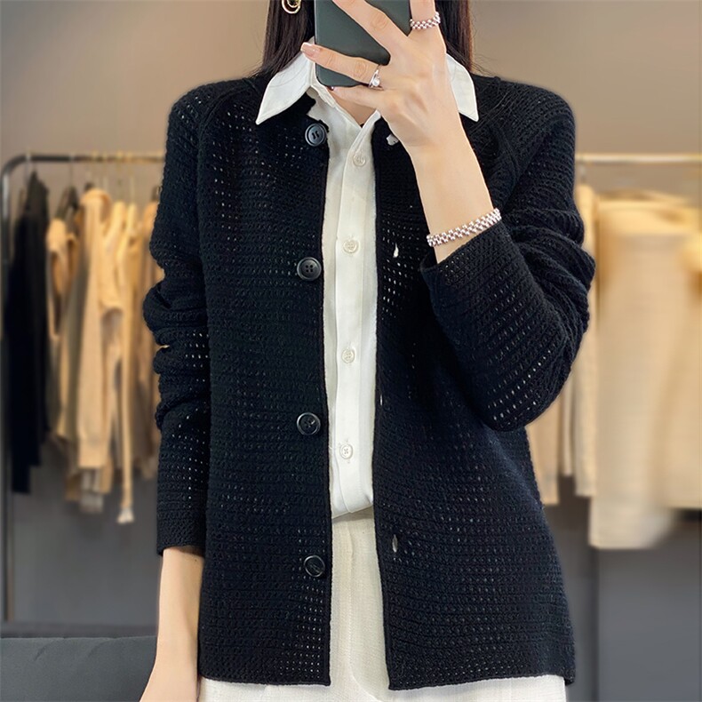 2024春秋新款立领开衫女宽松系扣百搭外套针织毛衣,女装羊毛衫,邦太羊绒