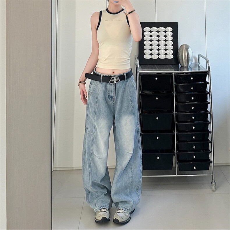 复古水洗扎染弯刀牛仔裤男士微喇叭宽松阔腿做旧解构拖地长裤直筒，男装牛仔裤，星座601-1