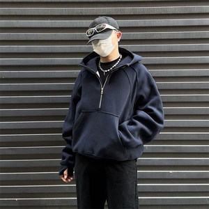 抖音得物二开 美式重磅宽松结构拉链设计防风高领连帽卫衣外套W76图片
