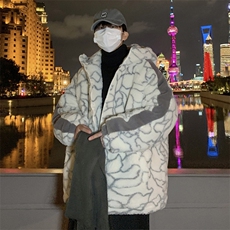 M8020P90港风外景连帽休闲拼色裂纹印花羊羔毛潮学生情侣外套，男装棉衣，电商A026-1