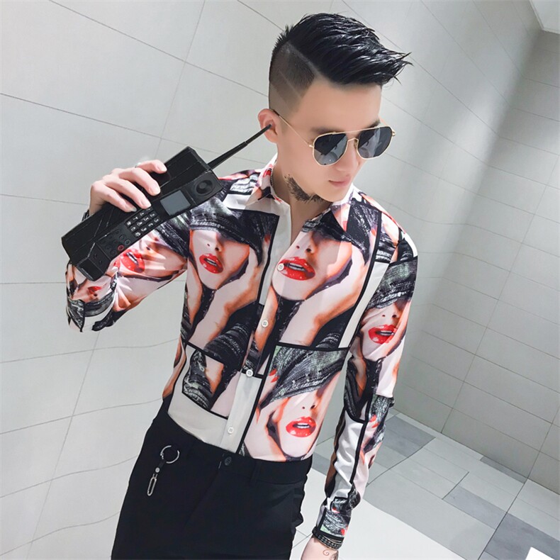 312A-810-P50新款人物印花修身衬衫夜店社会小伙发型师衬衣-1,男装衬衫,星座312A
