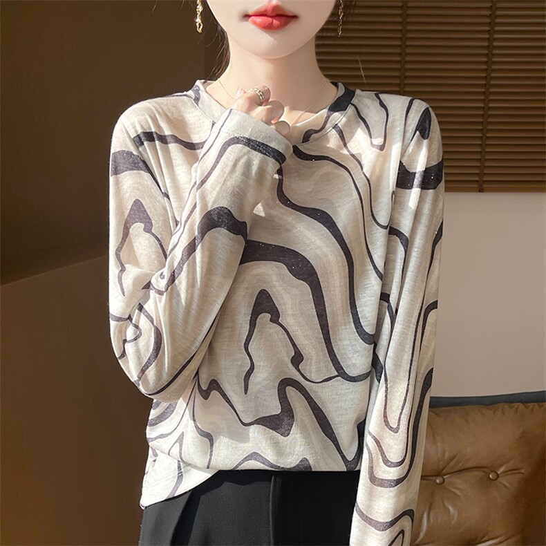 精纺薄款晕染印花针织打底衫女圆领宽松百搭显瘦毛衣内搭上衣印花,针织衫/毛衣,朝贺羊绒