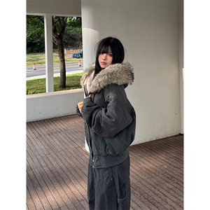 现货重磅boxy短款棉衣座山雕大毛毛领男女棉服水洗工装厚外套图片