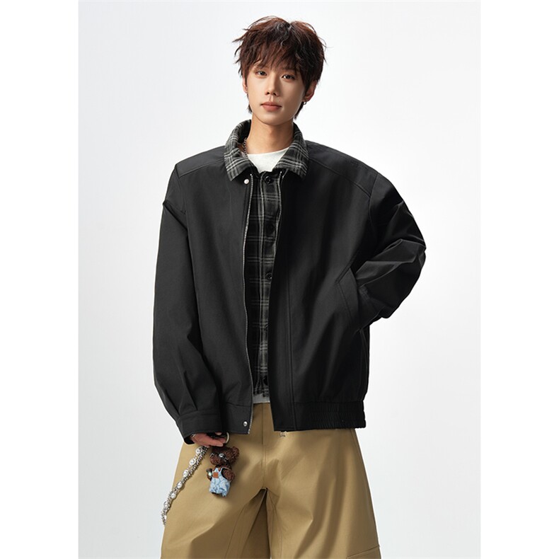 2026新款港风设计宽松拼接假两件翻领格子夹克外套J6502特P48控98，男装夹克，电商A001