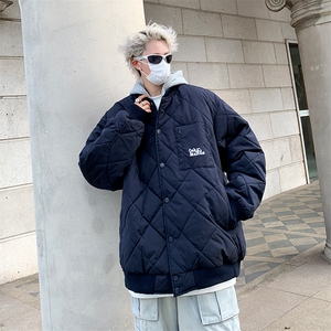 A980-P80 冬季潮牌棒球服外套美式复古菱形格连帽可拆卸面包服男图片
