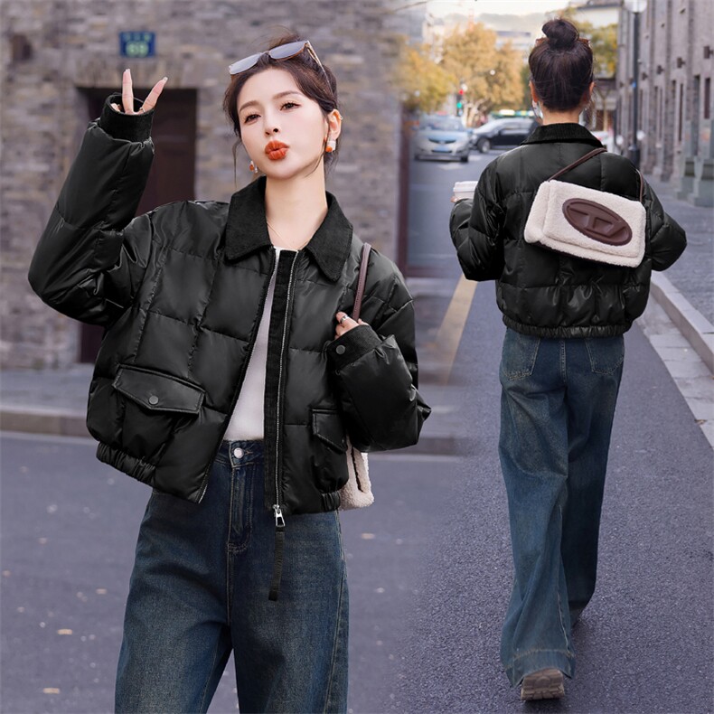 【现货现货】2024新款冬装羽绒服pu蛋白皮拼接灯芯绒短款90白鸭绒,女装羽绒服,雅静靓衣