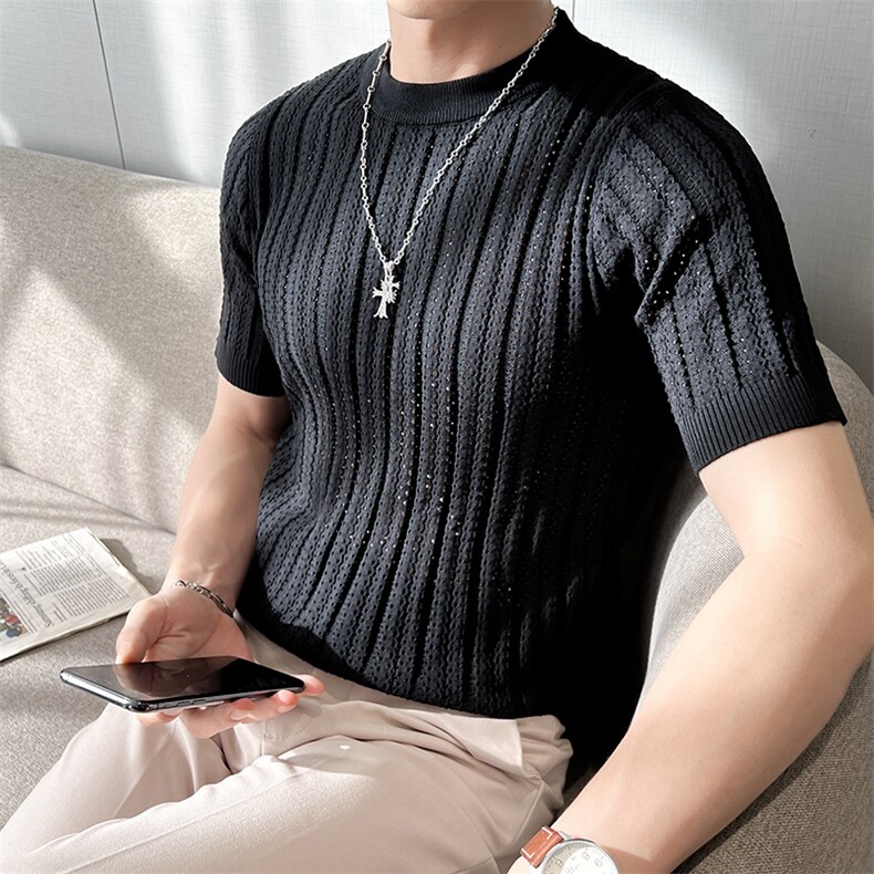 短袖男夏季薄款针织圆领T恤休闲纹理透气衫上衣T095-P45，男装T恤，星座308B-2