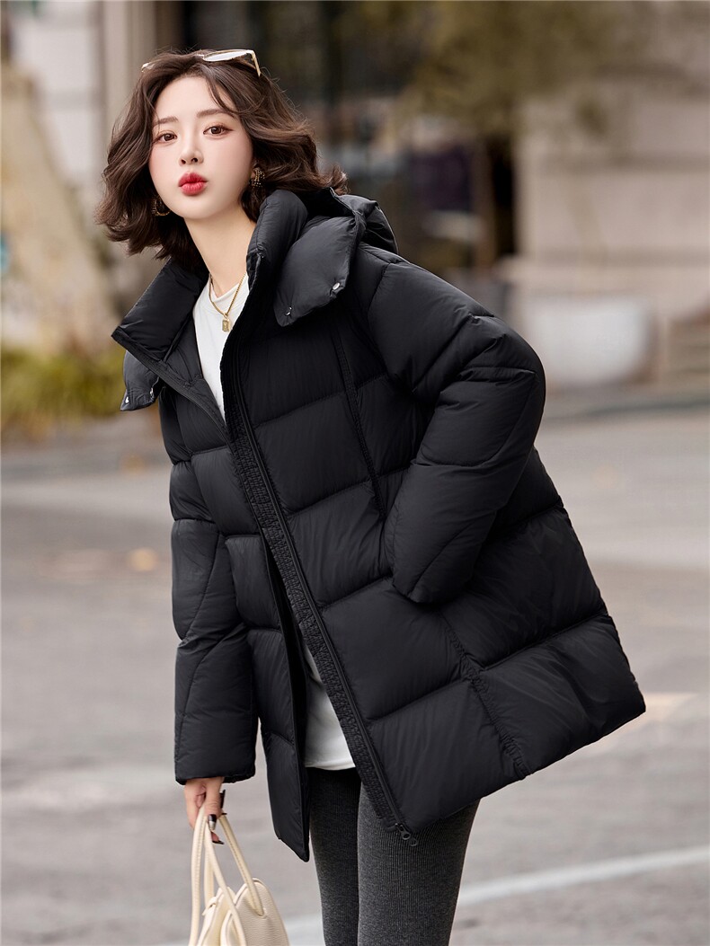 保暖中长款羽绒服女2025冬季时尚休闲加厚连帽白鸭绒外套潮,女装羽绒服,流量+
