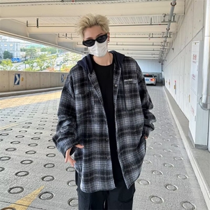 美式假两件格子连帽衬衫男秋季宽松休闲衬衣外套慵懒风夹克 C29图片