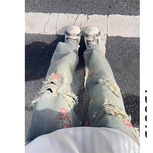 美式破洞玫瑰花卉牛仔裤男女夏季小众直筒裤微喇长裤LK71111-P51图片