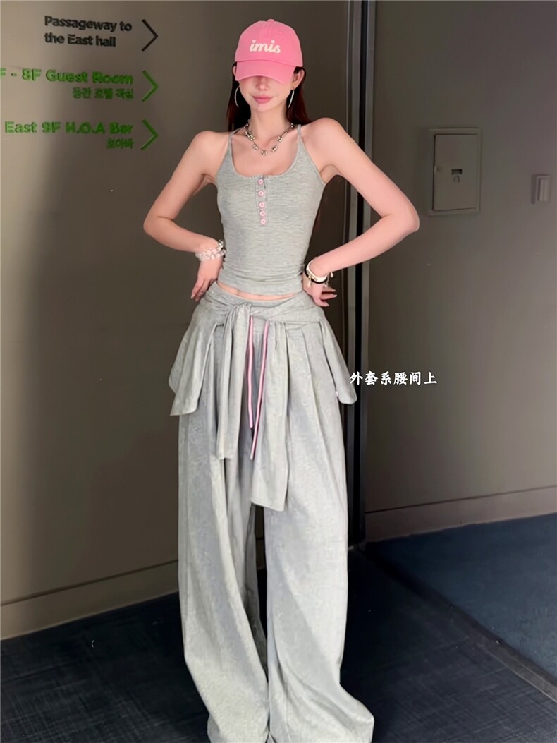 女春新款欧货时尚休闲套装修身显瘦开衫上衣内搭吊带阔腿裤三件套,女装套装/套裙,江南