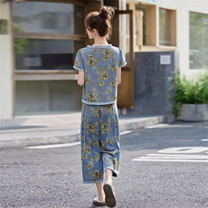 休闲时尚印花牛仔套装女2025超火夏装一整套洋气减龄九分裤两件套，女装套装/套裙，涵墨