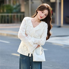 2026春装新款时尚百搭显瘦V领长袖短款衬衫，女装衬衫，天丝秀