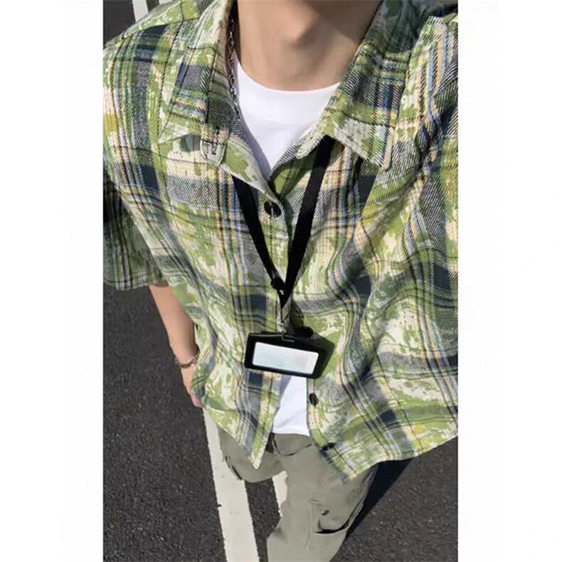 美式扎染格子衬衫短袖男女同款夏季衬衣半袖外套DC2240-特价P25,男装T恤,电商A007