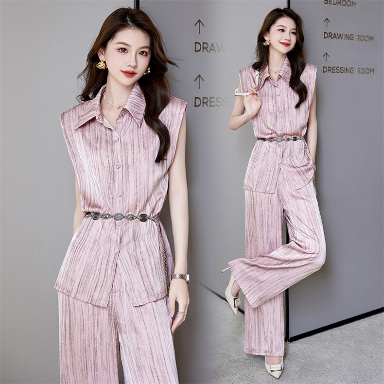 休闲时尚套装女2025夏季新款职业装气质收腰无袖上衣阔腿裤两件套，女装套装/套裙，卡杰菲