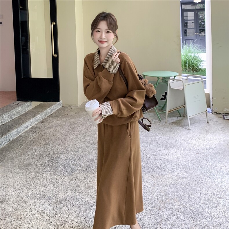休闲减龄咖色格纹拼接卫衣半身裙套装女春秋大方得体两件套巨好看,女装套装/套裙,2C273