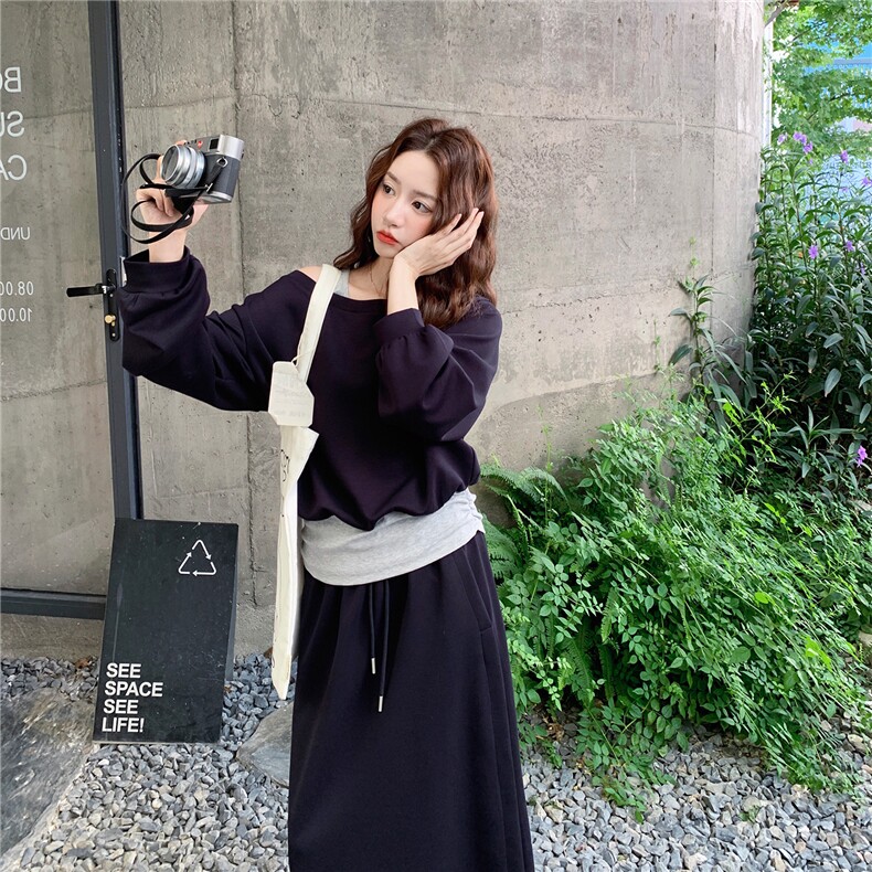 休闲减龄穿搭蓝色露肩卫衣套装女春秋超火好看高级感半身裙两件套,女装套装/套裙,2C126