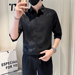 店主风社会小伙男士暗花痞帅七分袖衬衫男衬衣301A-1/CS586/P55图片