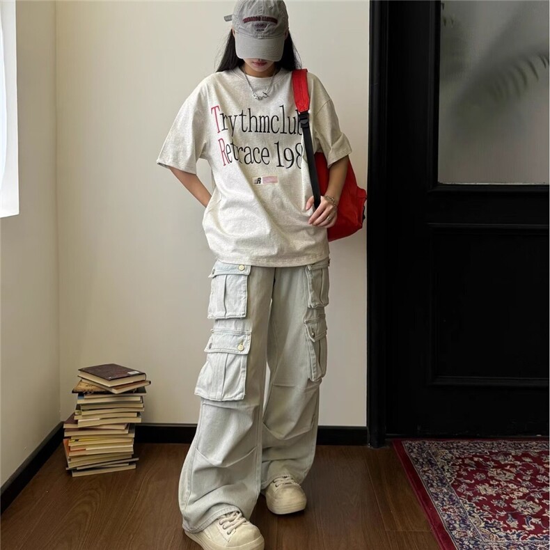 美式复古水洗多口袋小众直筒工装牛仔裤男女高街潮牌阔腿休闲长裤,男装牛仔裤,星座1210-1