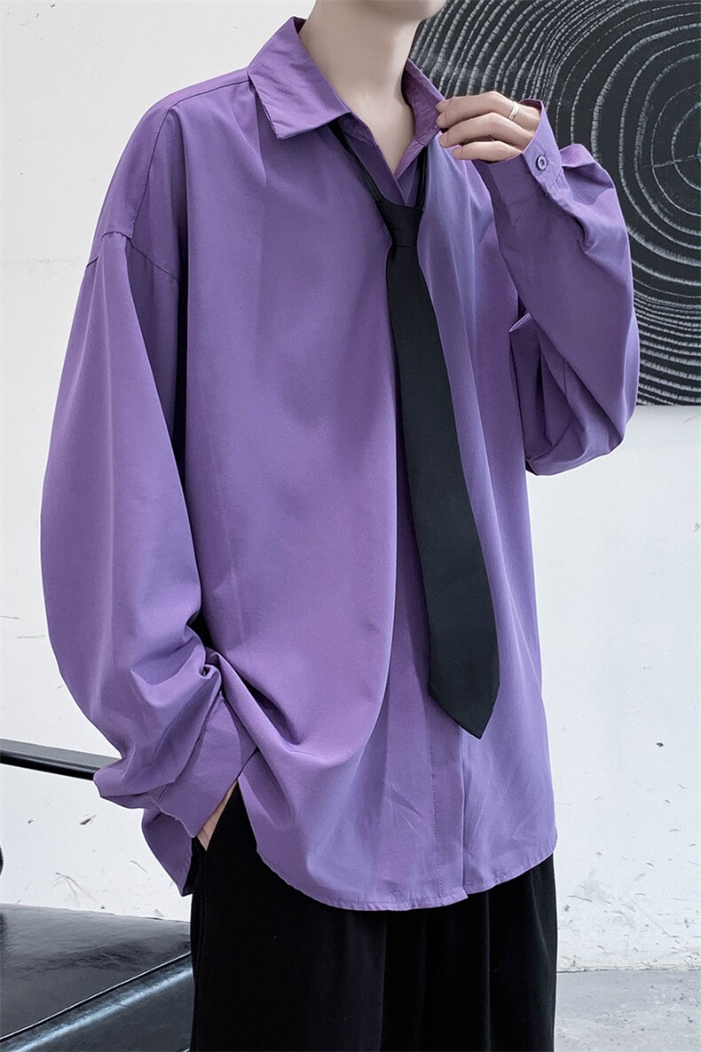 现货港风宽松纯色长袖衬衫男送领带KD221-P40,男装衬衫,电商D312-1