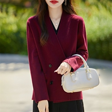 复古精纺羊毛衫针织外套女V领西装长袖开衫宽松带兜气质外搭毛衣，女装西装，暖烁羊绒