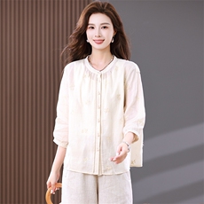 苎麻衬衫女夏季2024新款时尚休闲宽松遮肉洋气妈妈绣红七分袖衬衣，女装衬衫，靓衣阁