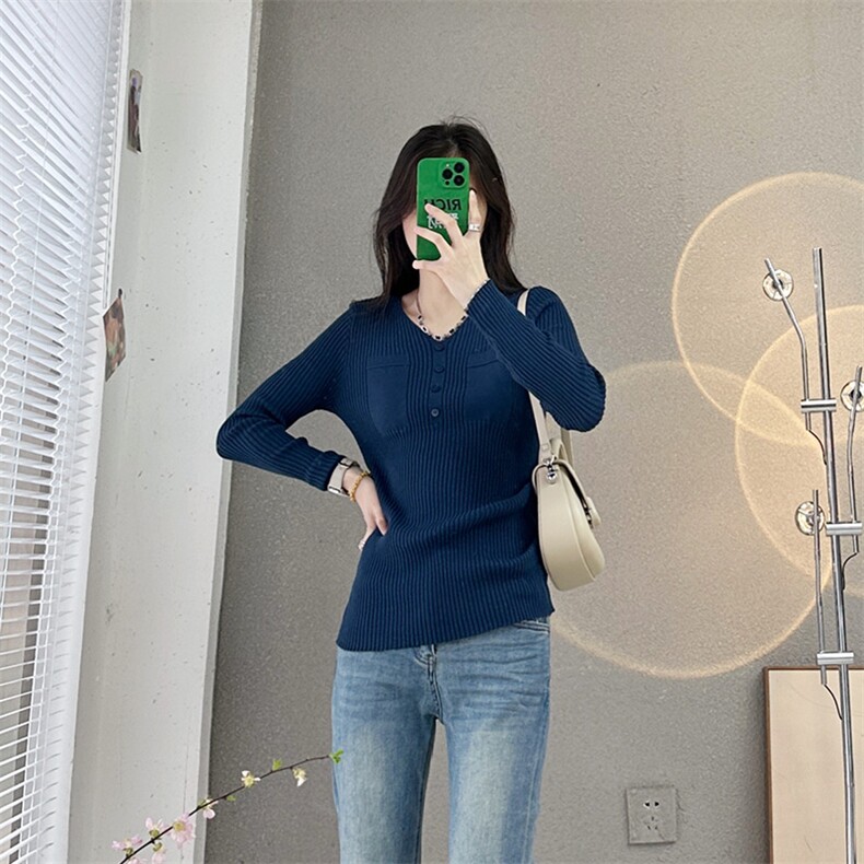 长袖套头纯色2024年秋季V领简约百搭针织衫，女装针织衫/毛衣，鹏源羊绒