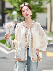 年轻款漂亮提花外套女中长款2025夏高端缎面减龄收腰显瘦上衣，女装短外套，韩宇舍