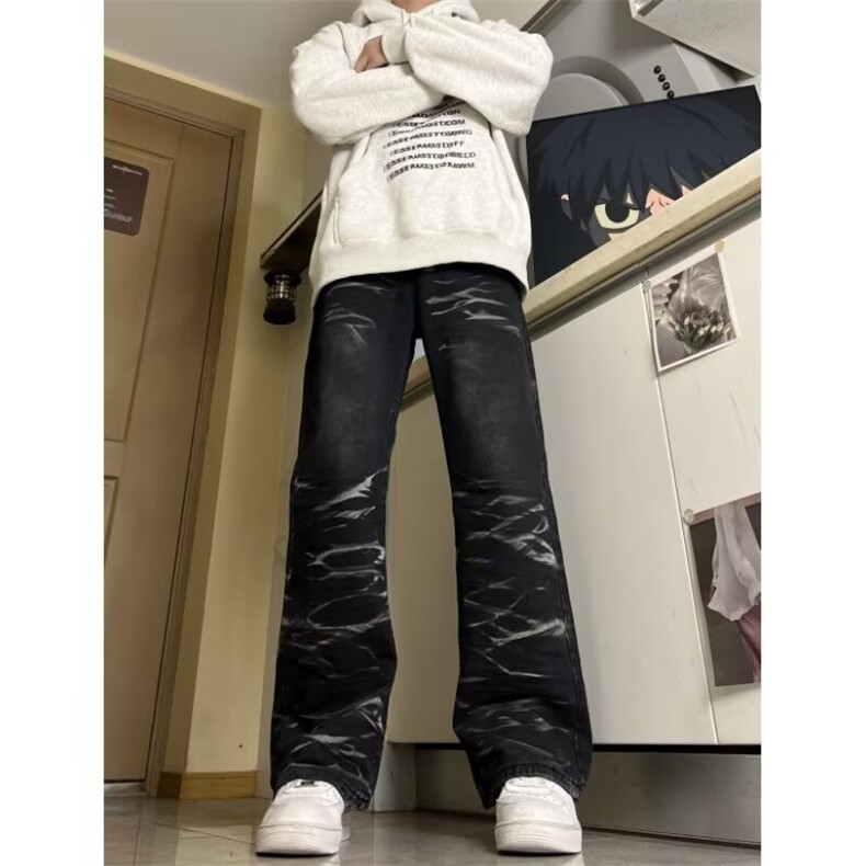 2026新款美式复古做旧水波纹牛仔裤男宽松欧美高街vibe裤子XF919,男装牛仔裤,星座506