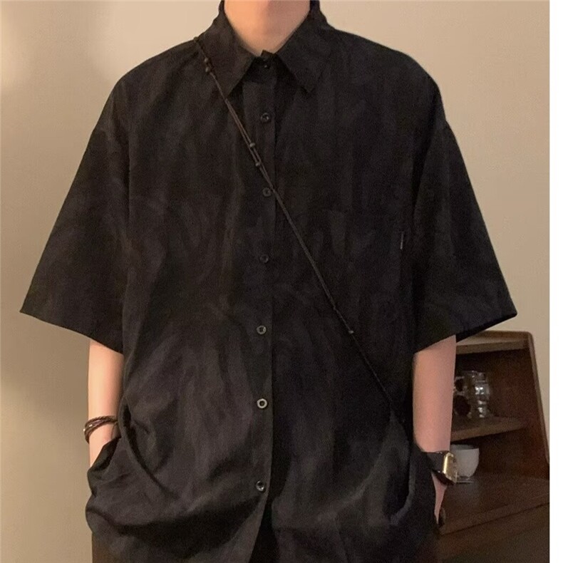 夏季新款日系复古宽松潮牌男女高级感短袖衬衫设计感休闲宽松上衣,男装T恤,星座506A
