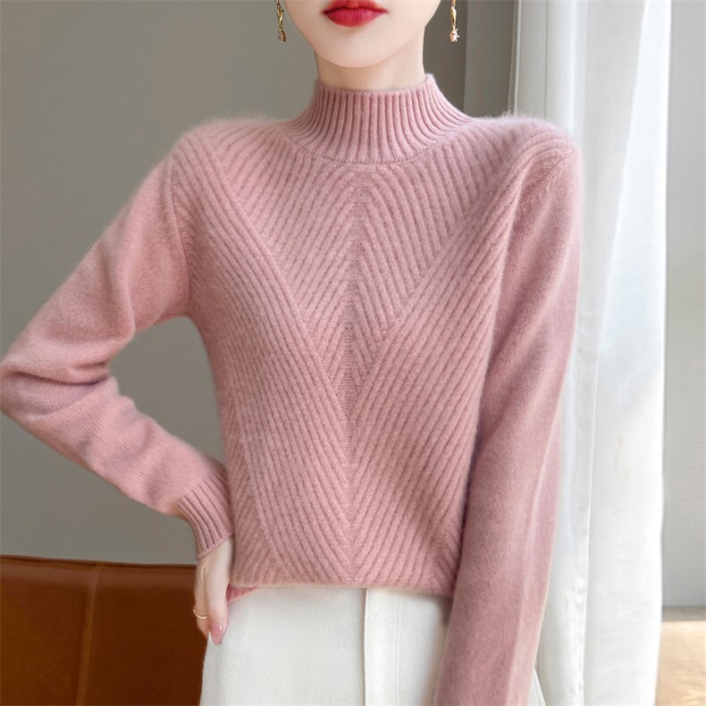 2025秋冬款半高领斜纹提花100%纯羊毛衫女加厚宽松羊绒衫针织毛衣,女装羊毛衫,九嘉羊绒
