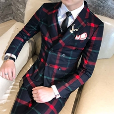 发型师潮男西装三件套韩版修身双排扣格子西服套装A470-TZ06A-270，男装西服套装，电商A207